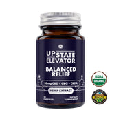 Hemp extract supplement bottle labeled 'Upstate Elevator Balanced Relief' with organic certification logos on a white background.