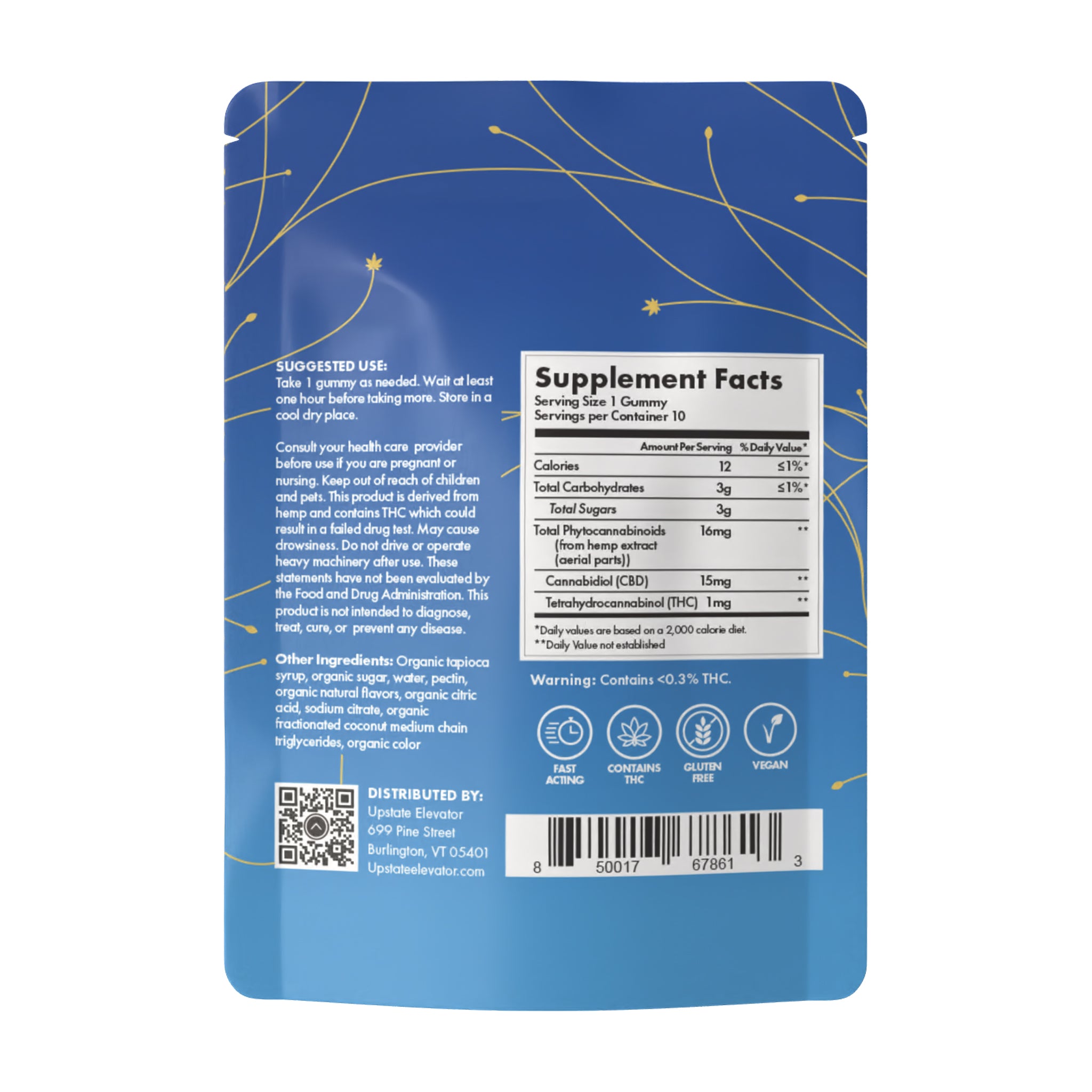 Back of Upstate Elevator Chill Tropical Sunrise Gummy package showing supplement facts and suggested use