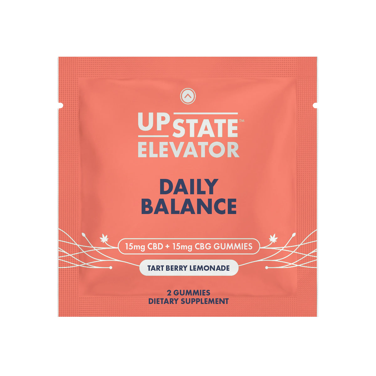 Upstate Elevator Daily Balance two-gummy sample sachet in coral, 15mg CBD and 15mg CBG per gummy, tart berry lemonade flavor