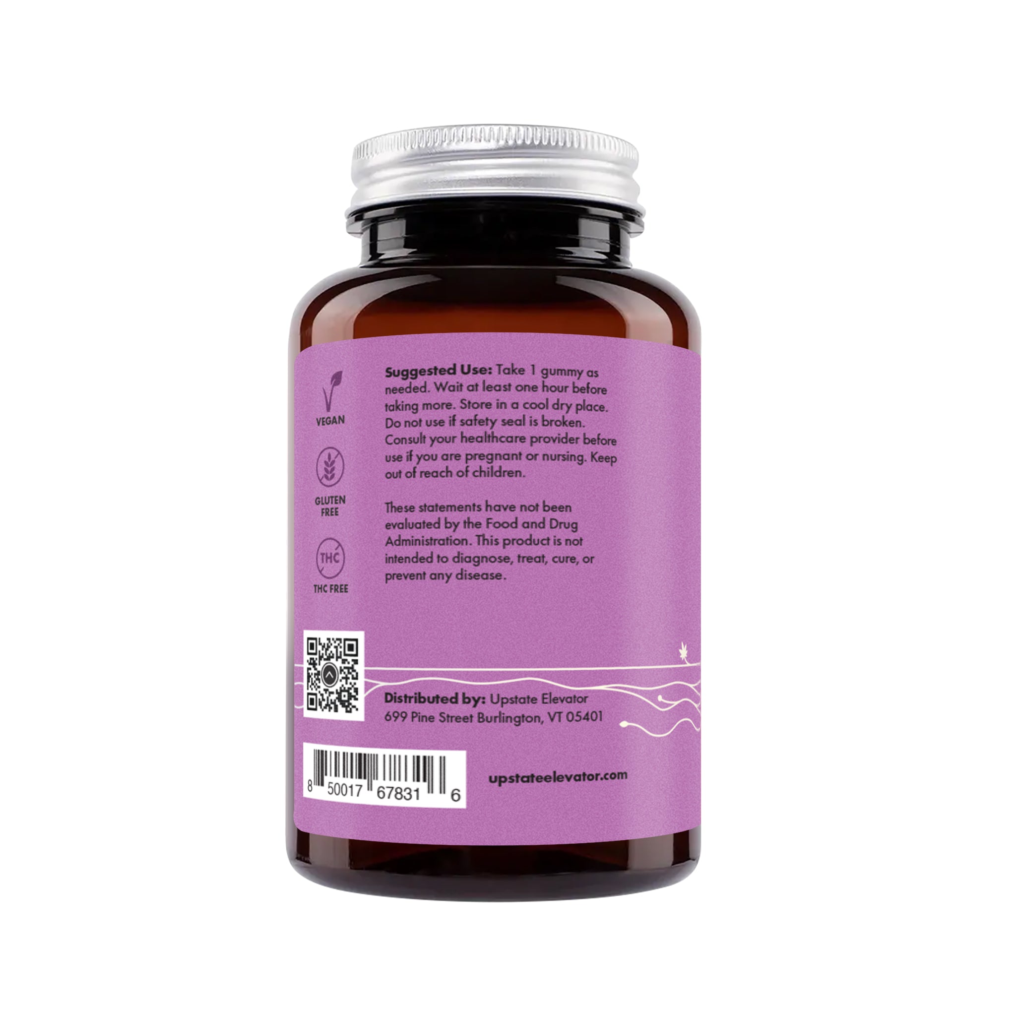 Back label of Upstate Elevator Daily Calm Gummy bottle showing usage instructions and supplement facts