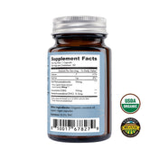 Back label of Upstate Elevator Daily Relief Capsule 30mg CBD with supplement facts and USDA organic seals