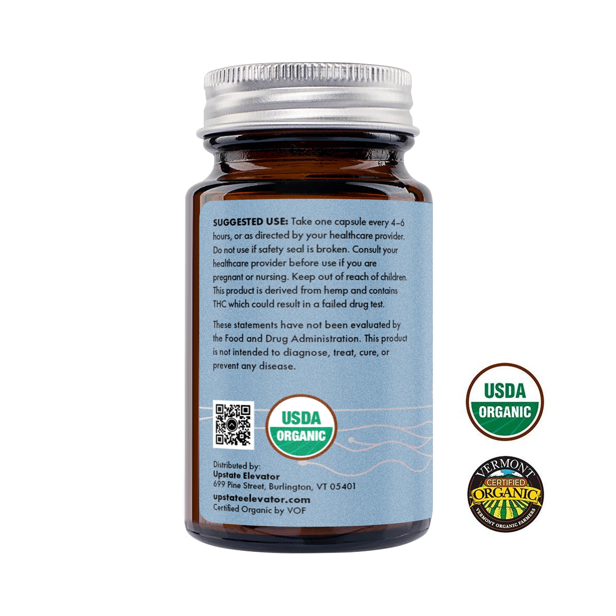Back label of Upstate Elevator Daily Relief Capsule bottle with usage instructions and USDA organic certification