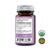 Upstate Elevator Daily Relief Capsule bottle showing supplement facts label with USDA and Vermont Organic certifications