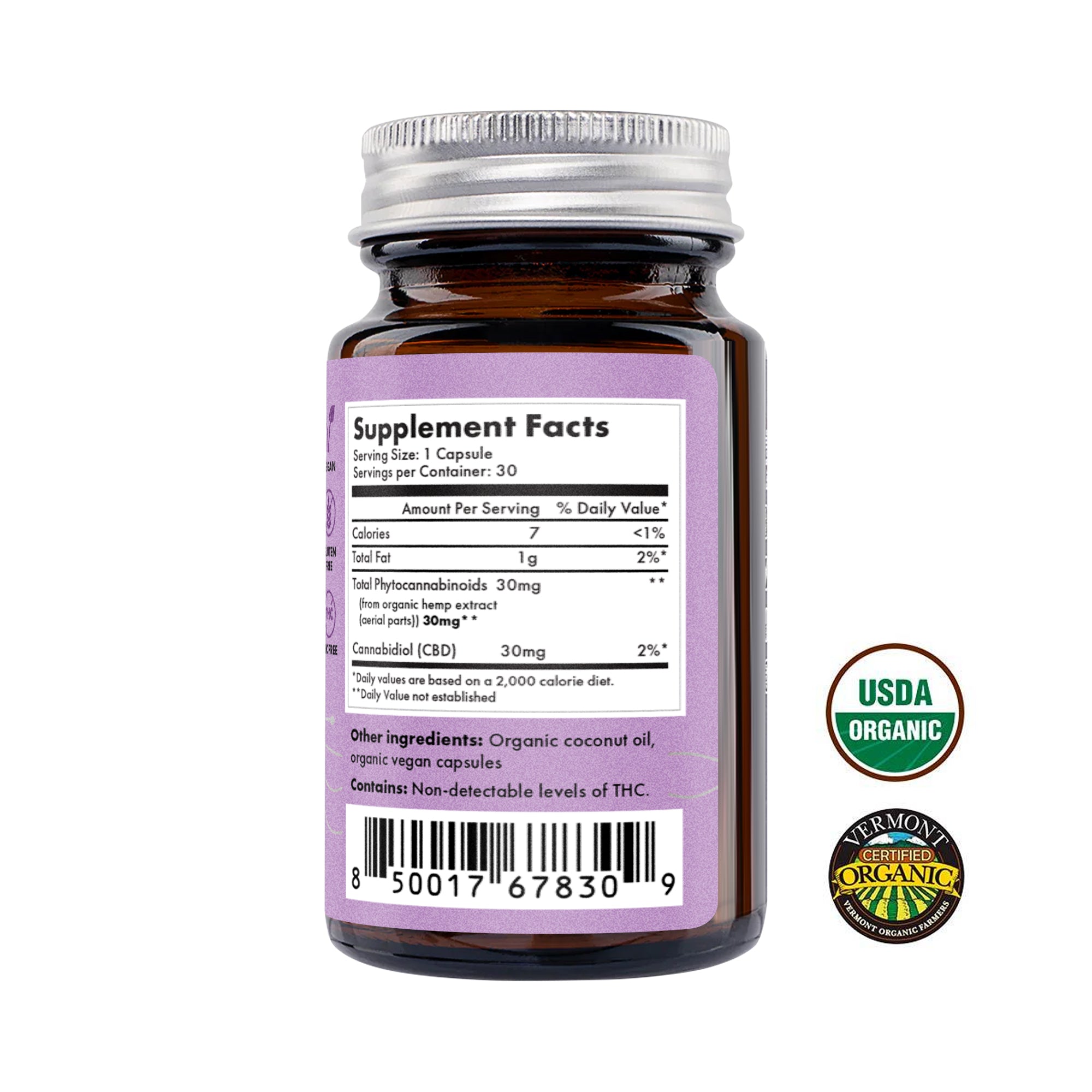 Upstate Elevator Daily Relief Capsule bottle showing supplement facts label with USDA and Vermont Organic certifications