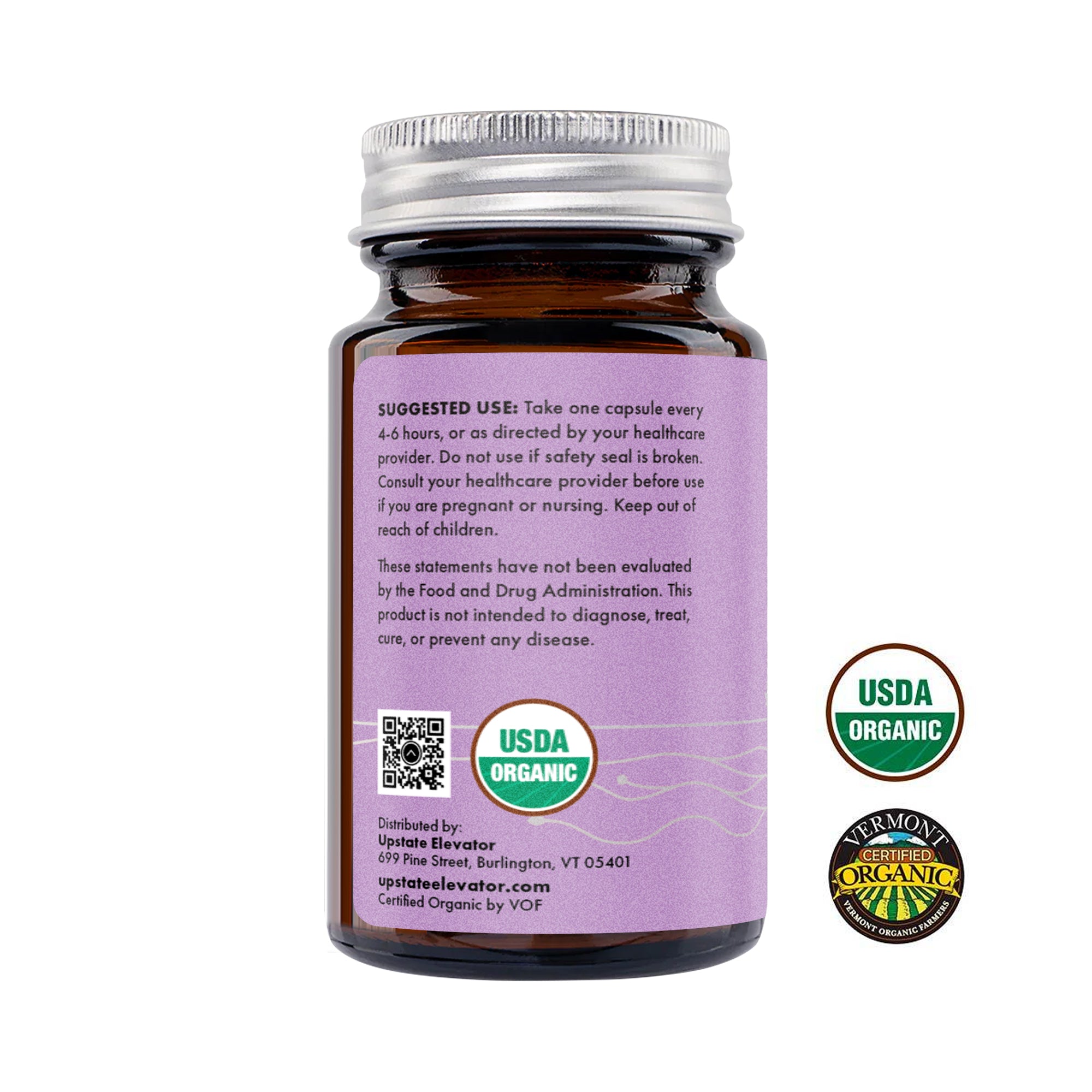Back label of Upstate Elevator Daily Relief Capsule 30mg bottle with USDA and Vermont Organic seals