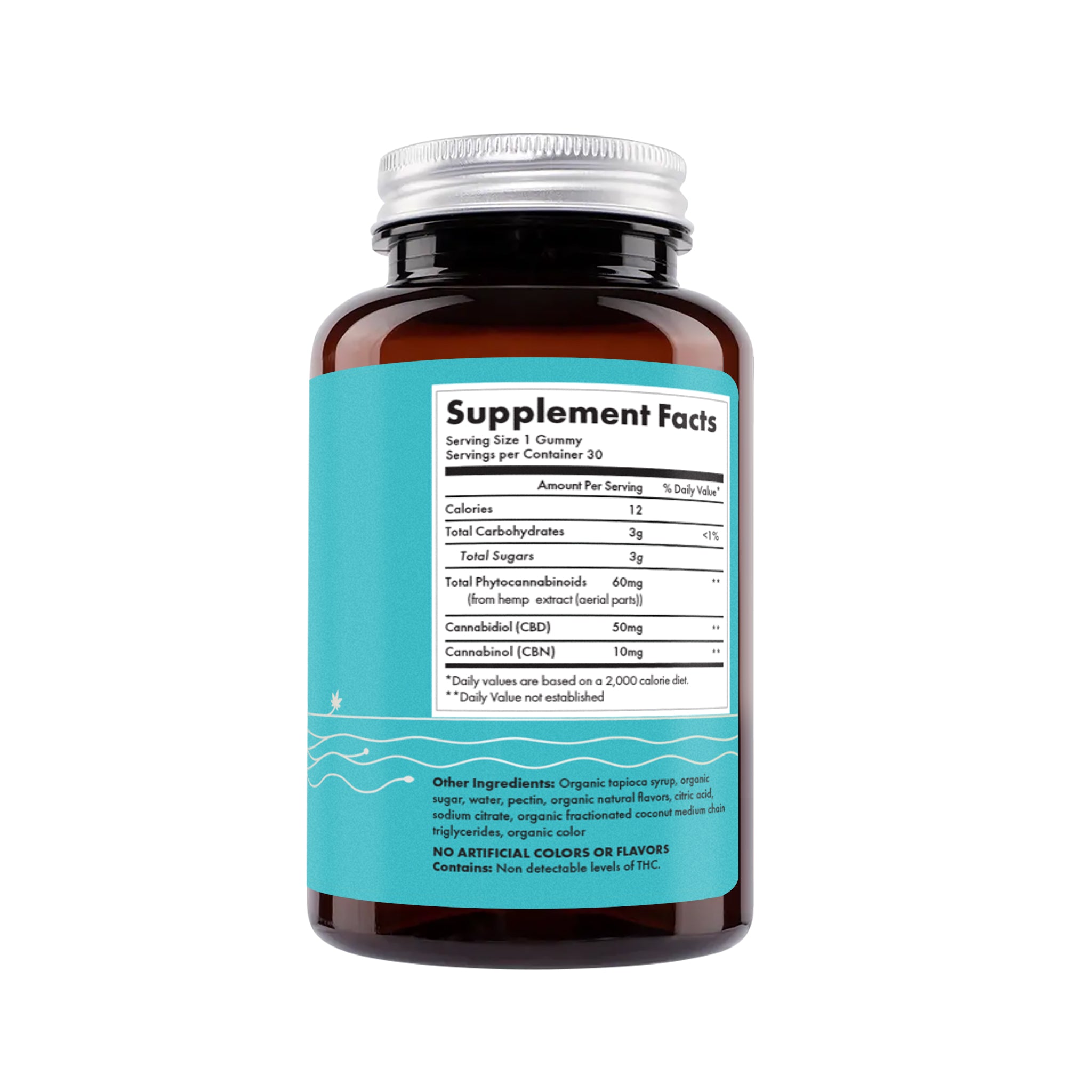 Back label of Upstate Elevator Deep Calm Gummies bottle showing CBD and CBN supplement facts