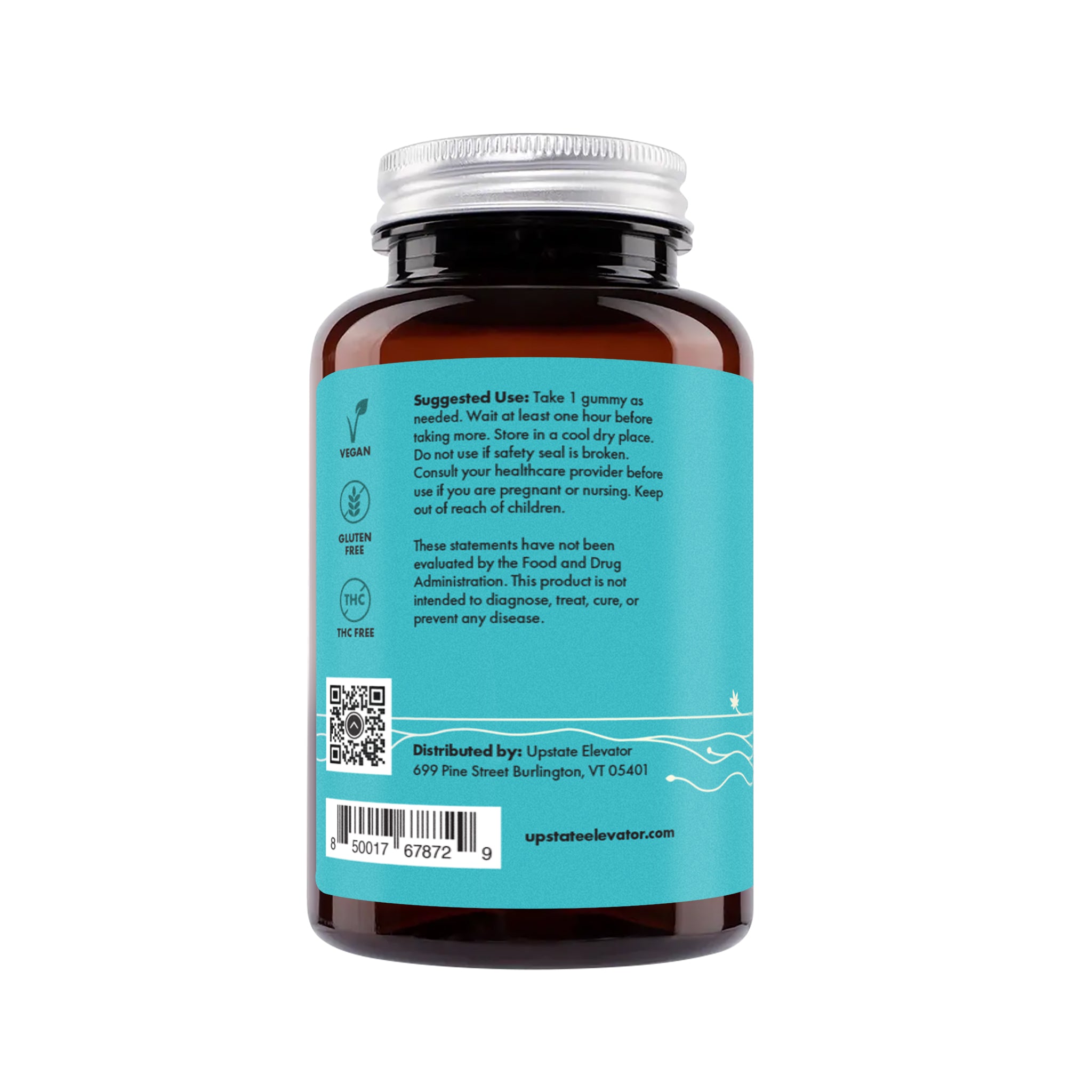 Back label of Upstate Elevator Deep Calm gummies bottle showing suggested use, supplement facts, and distributor info