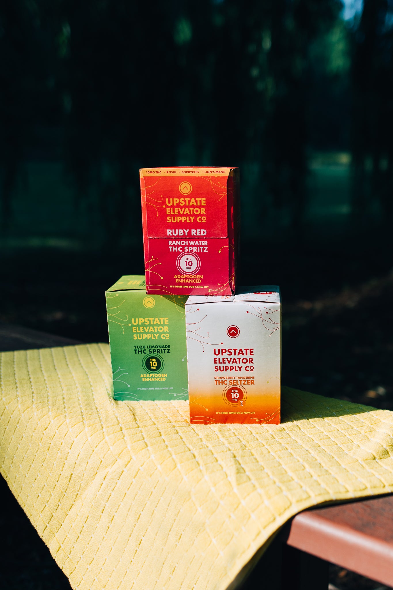 Upstate Elevator THC drinks in Ruby Red Ranch Water, Yuzu Lemonade, and Strawberry Tangerine flavors on a picnic table