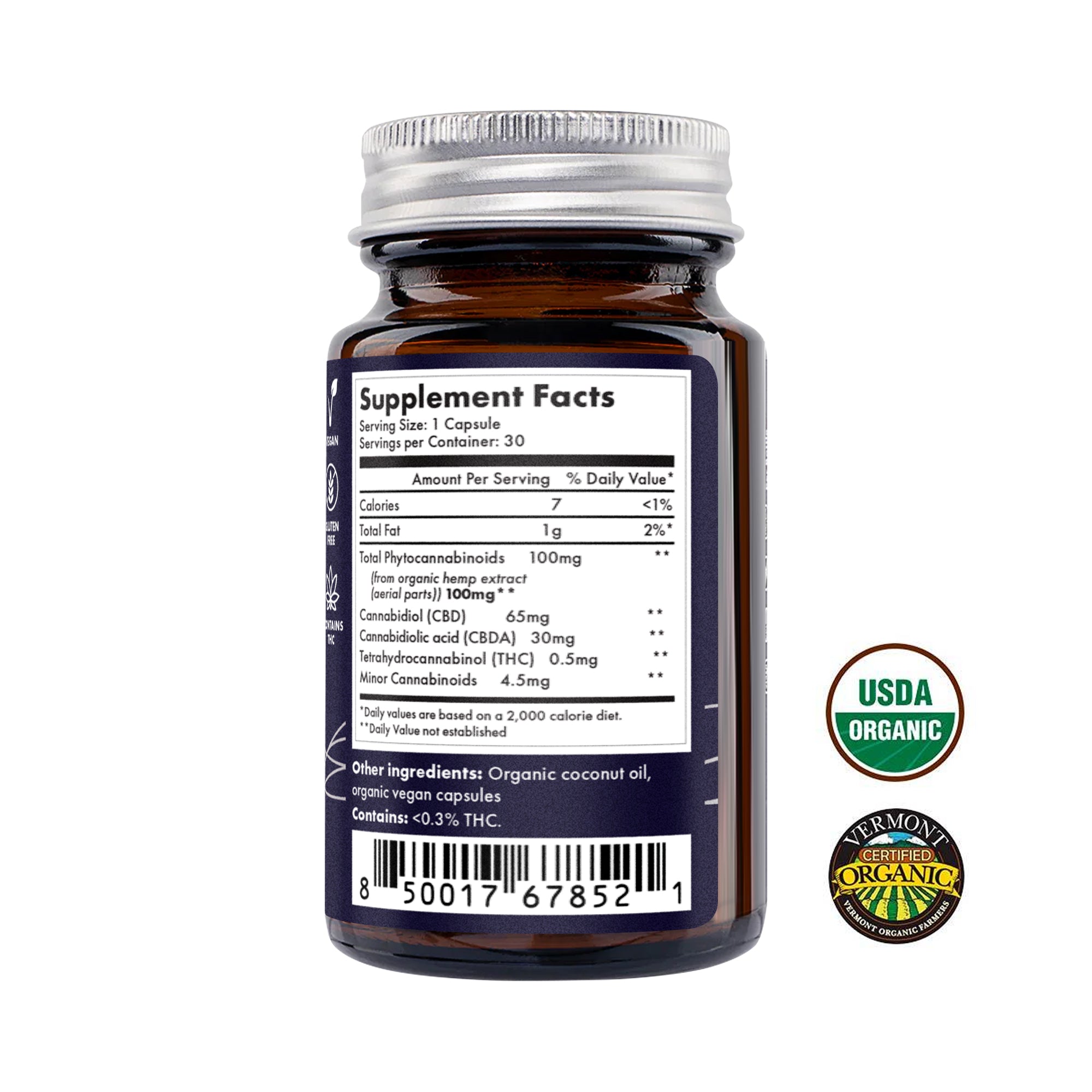 Back label of Upstate Elevator Maximum Comfort Capsule 100mg bottle showing supplement facts and organic certifications