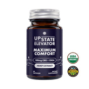 Bottle of Upstate Elevator Maximum Comfort USDA organic Hemp Extract supplement on a white background