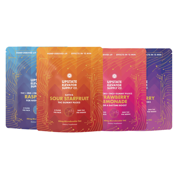 Upstate Elevator THC gummy bundle featuring sour starfruit, raspberry, strawberry lemonade, and other gummy pouches
