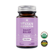 Bottle of Upstate Elevator Daily Relief CBD capsules with purple label and usda organic certification on a white background